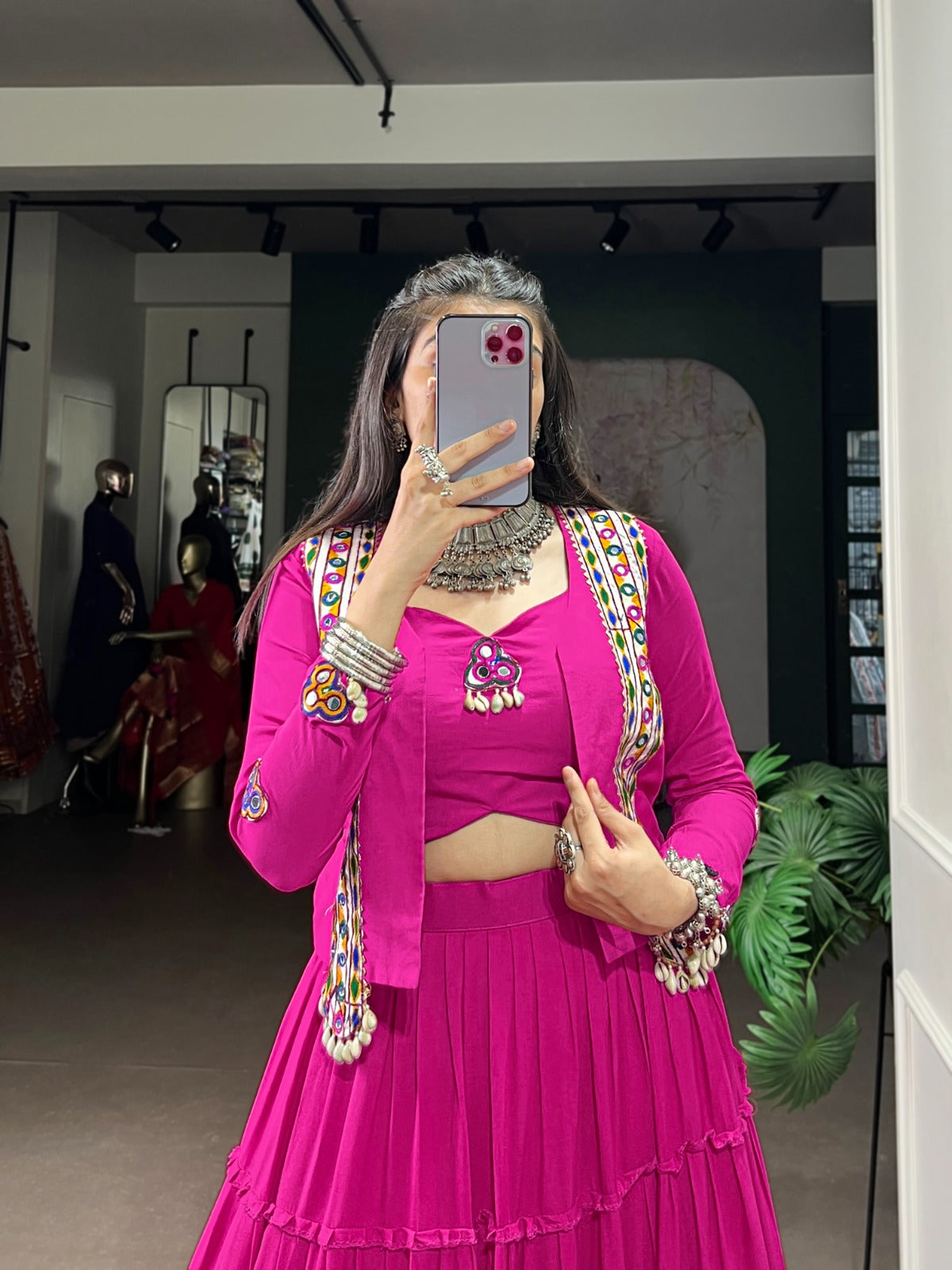 Navratri Special Pure Rayon Lehenga Choli Set with Mirror Gamathi & Cowrie Lace Work.