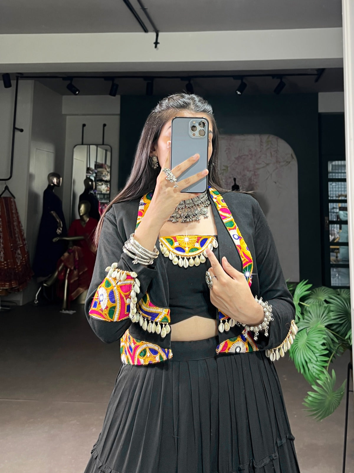 Navratri Special Pure Rayon Lehenga Choli Set with Mirror Gamathi & Cowrie Lace Work.