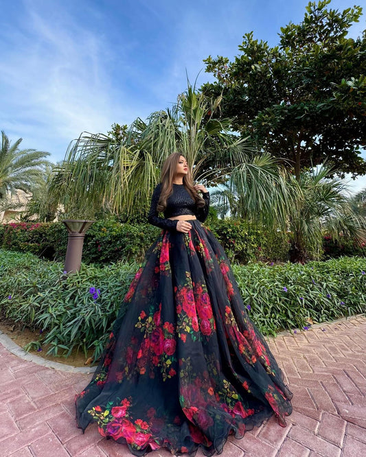 Exclusive Black Sequin Blouse with Organza Floral Lehenga Set.