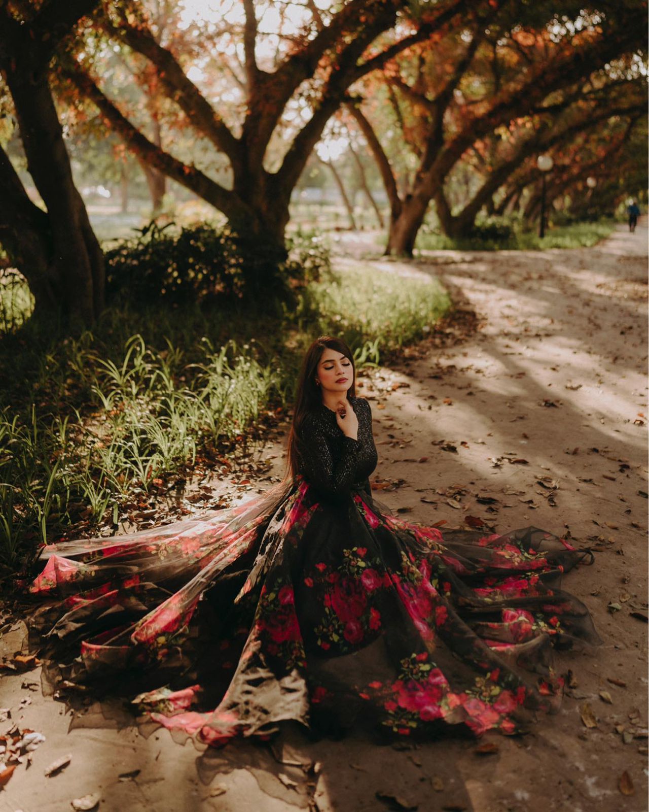Exclusive Black Sequin Blouse with Organza Floral Lehenga Set.