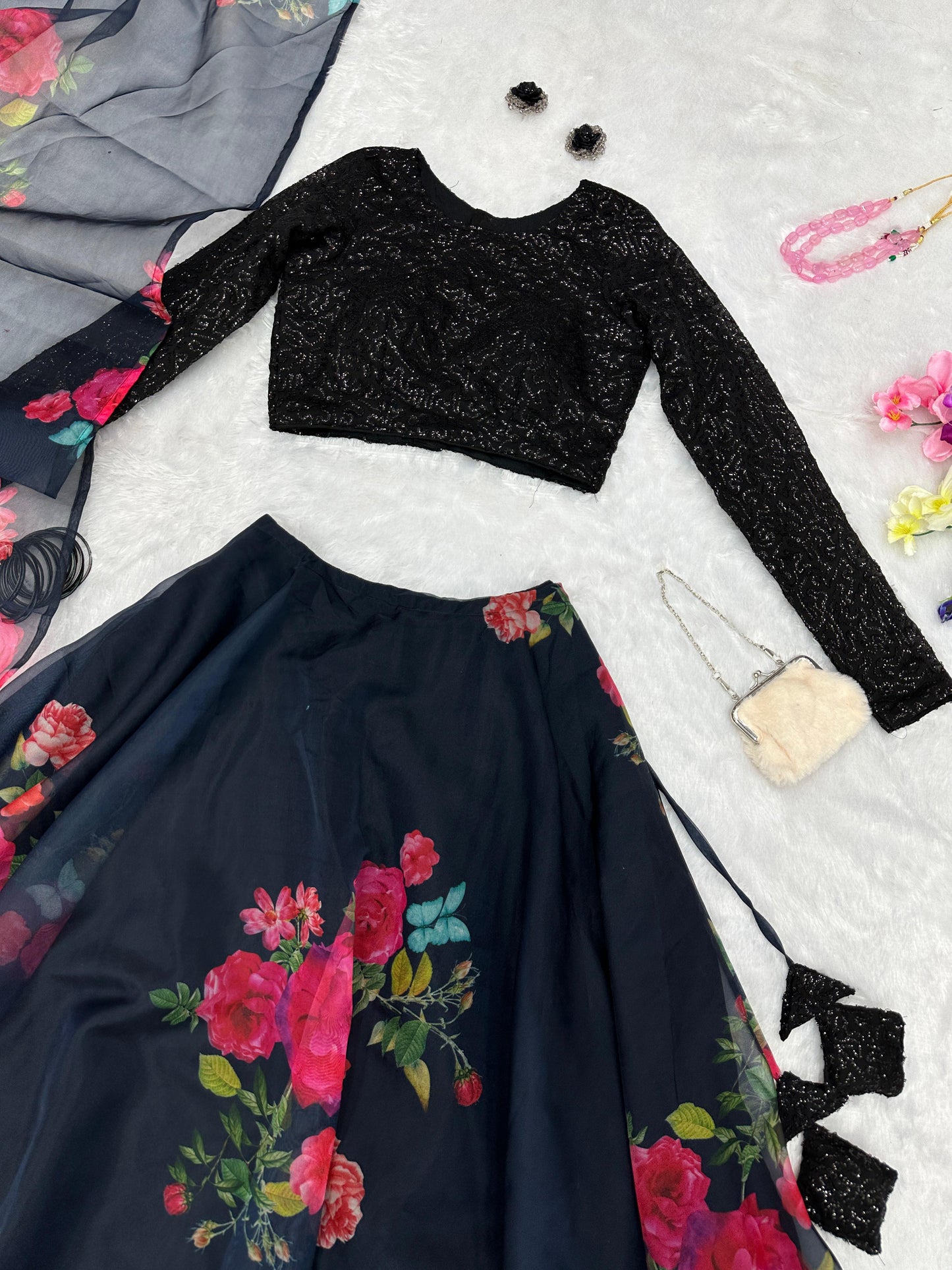 Exclusive Black Sequin Blouse with Organza Floral Lehenga Set.