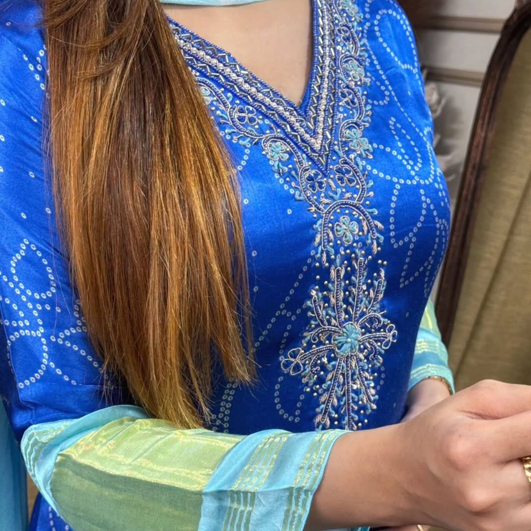Exclusive Gradient Bandhani Print Cotton Suit Set.