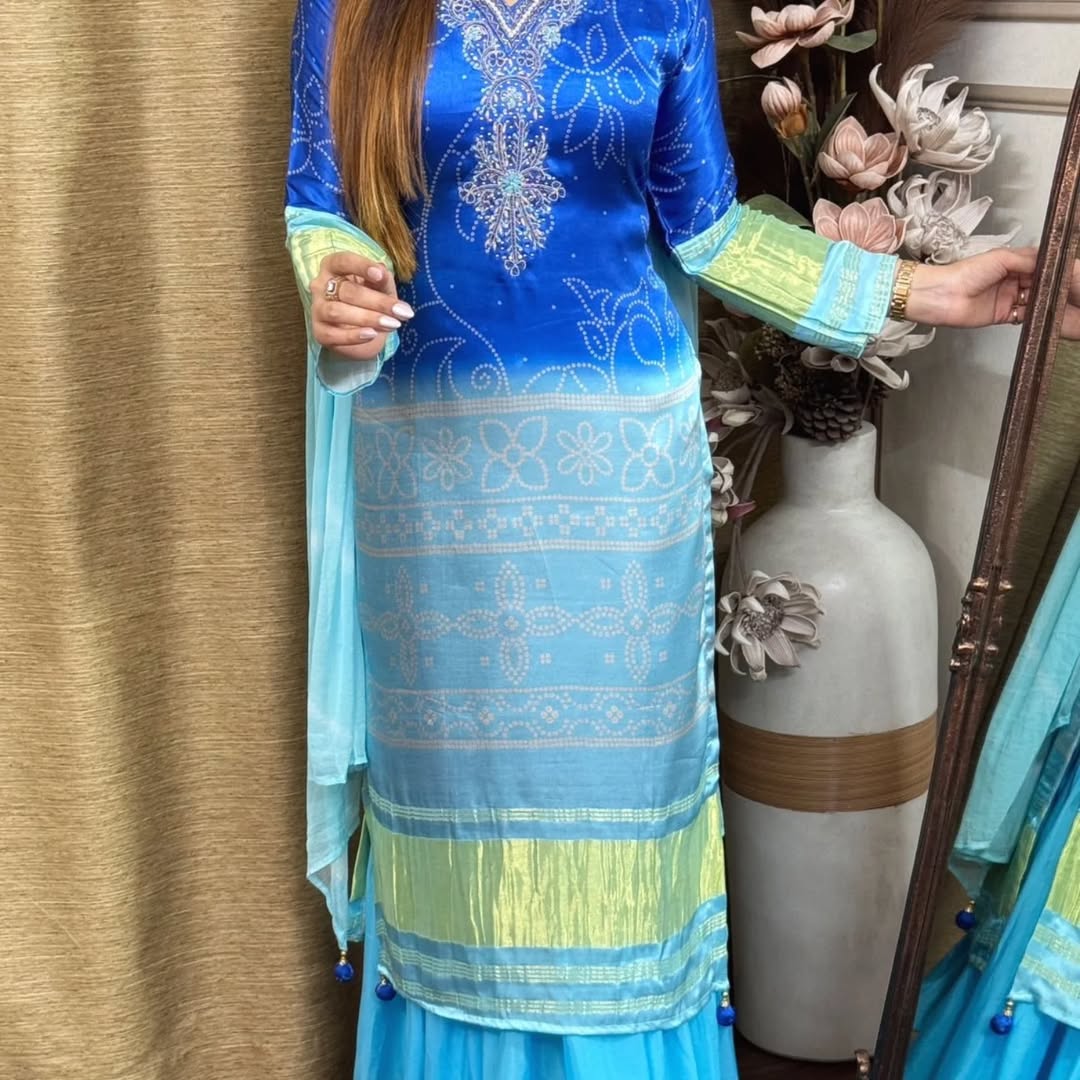 Exclusive Gradient Bandhani Print Cotton Suit Set.