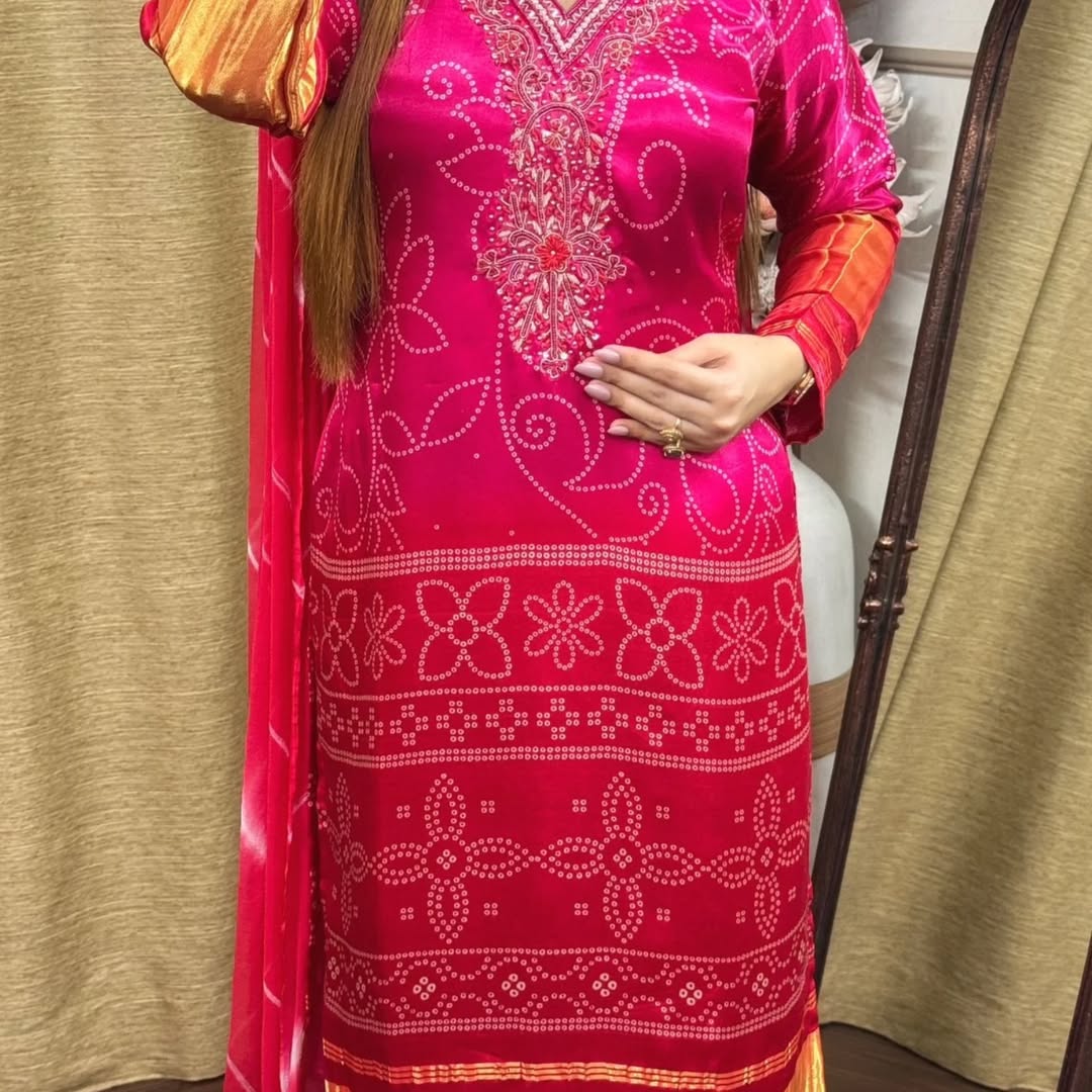 Exclusive Gradient Bandhani Print Cotton Suit Set.