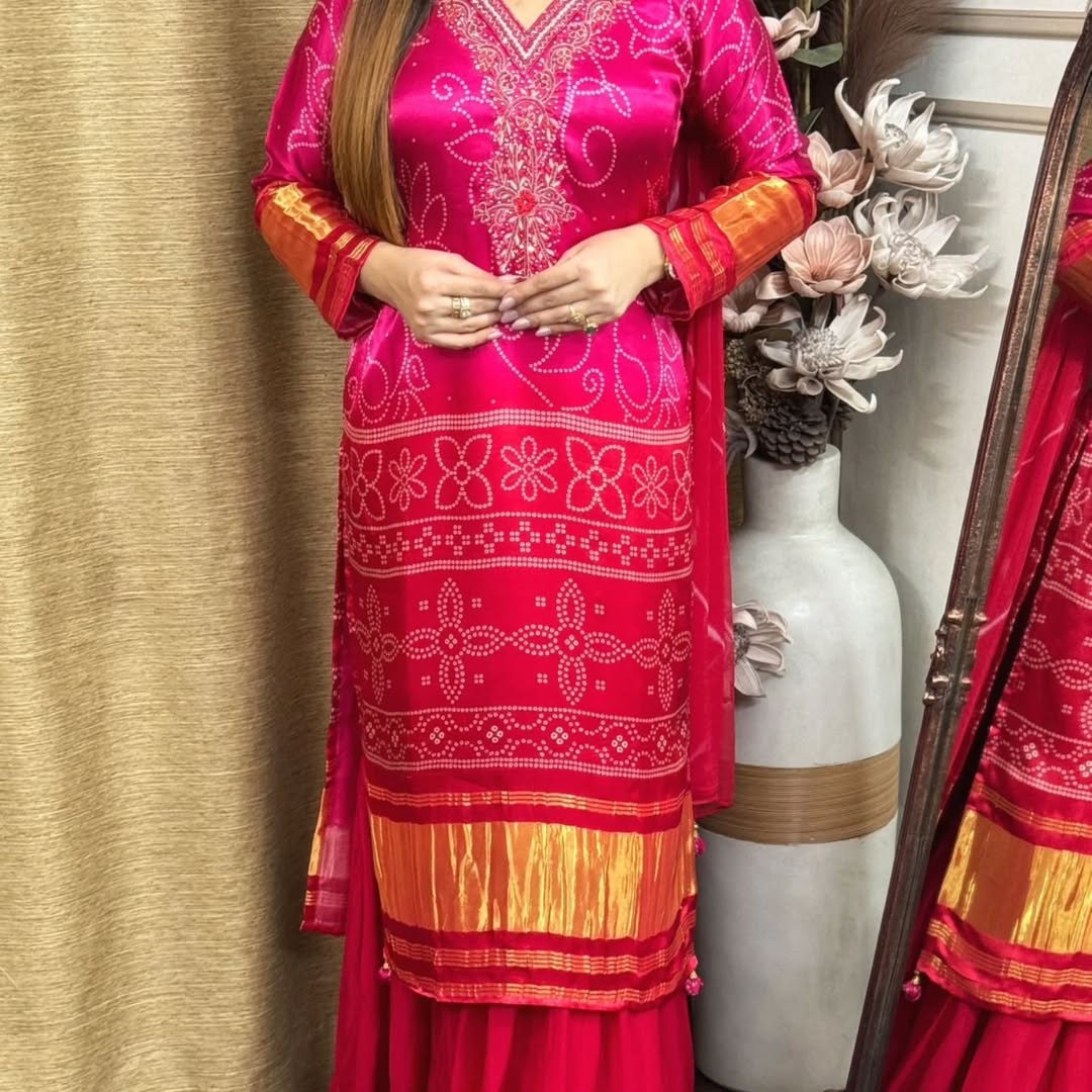 Exclusive Gradient Bandhani Print Cotton Suit Set.