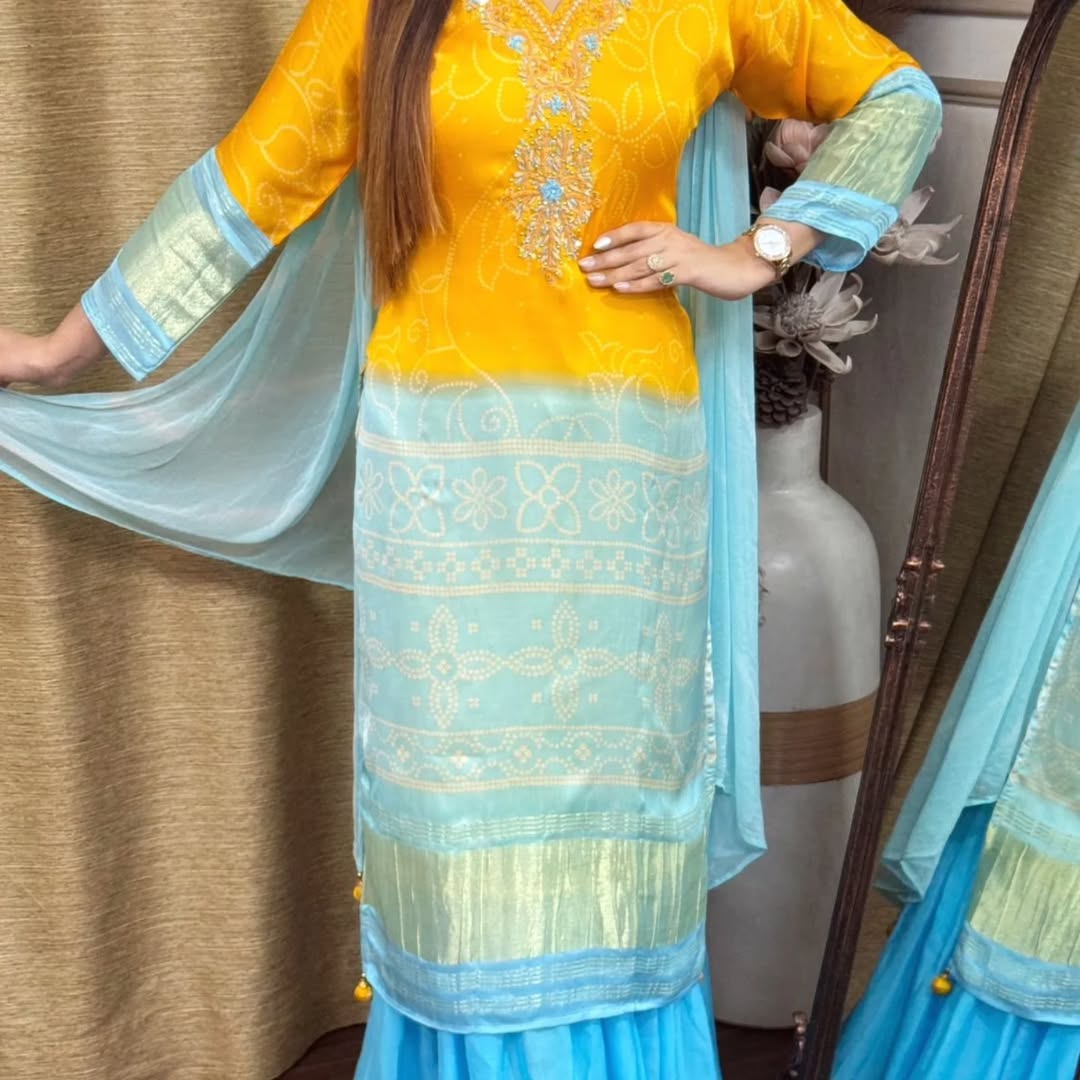 Exclusive Gradient Bandhani Print Cotton Suit Set.