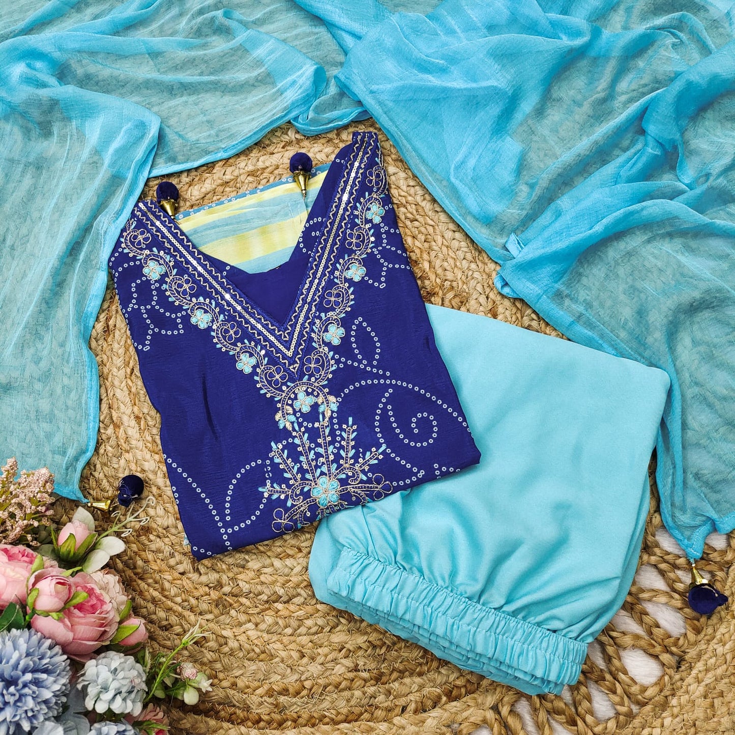 Exclusive Gradient Bandhani Print Cotton Suit Set.