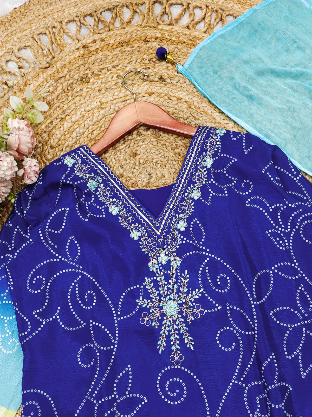 Exclusive Gradient Bandhani Print Cotton Suit Set.