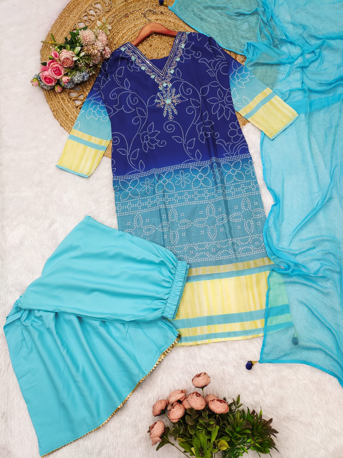 Exclusive Gradient Bandhani Print Cotton Suit Set.
