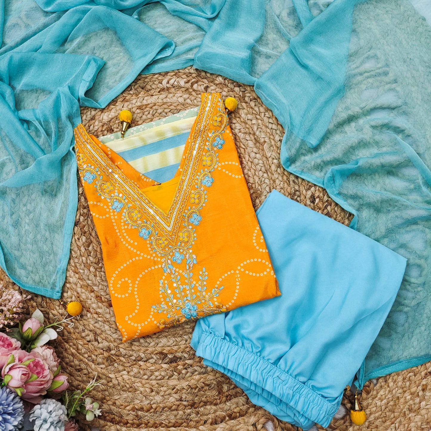 Exclusive Gradient Bandhani Print Cotton Suit Set.