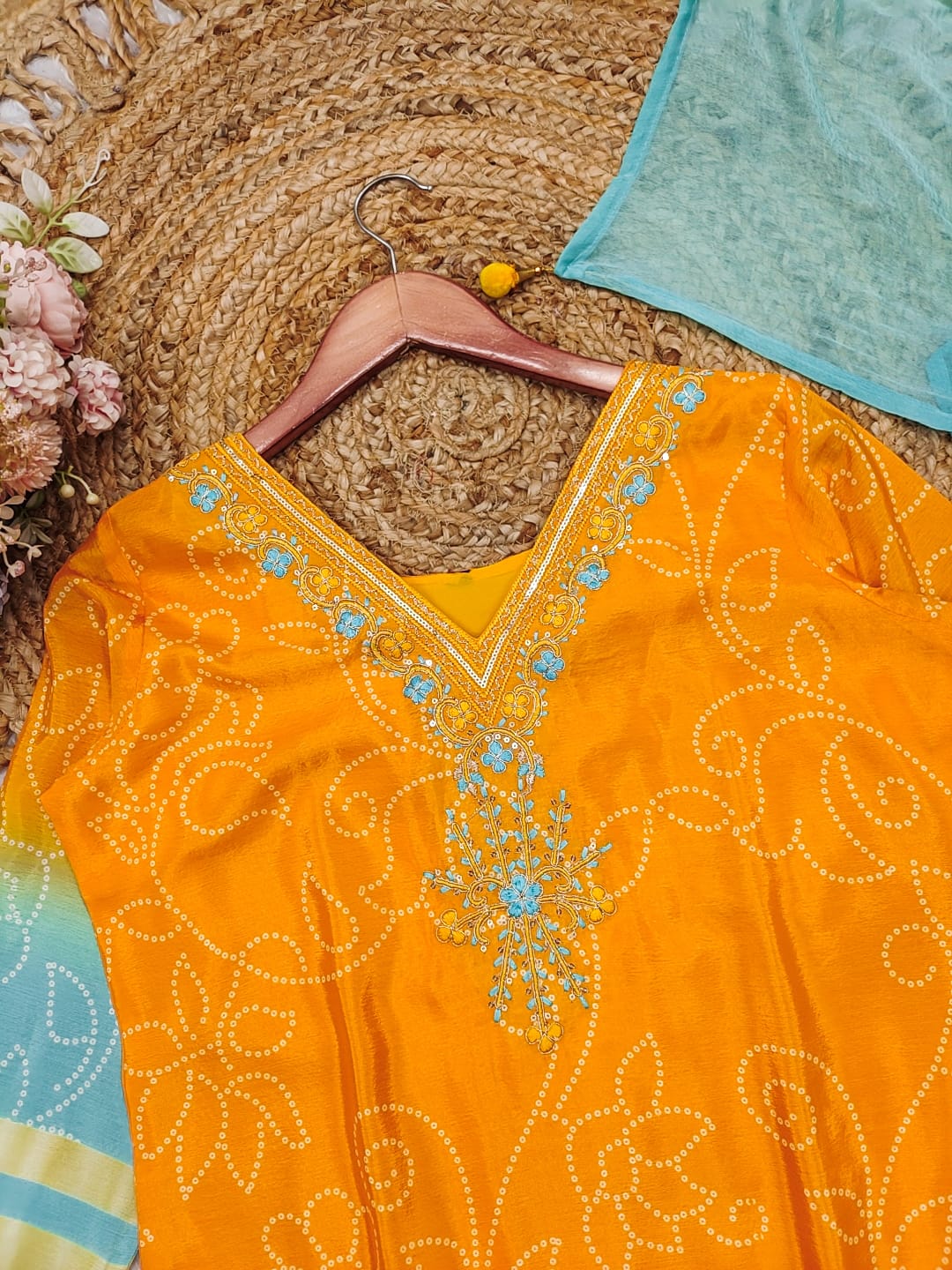 Exclusive Gradient Bandhani Print Cotton Suit Set.