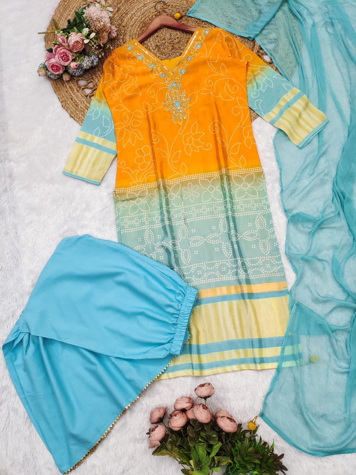 Exclusive Gradient Bandhani Print Cotton Suit Set.