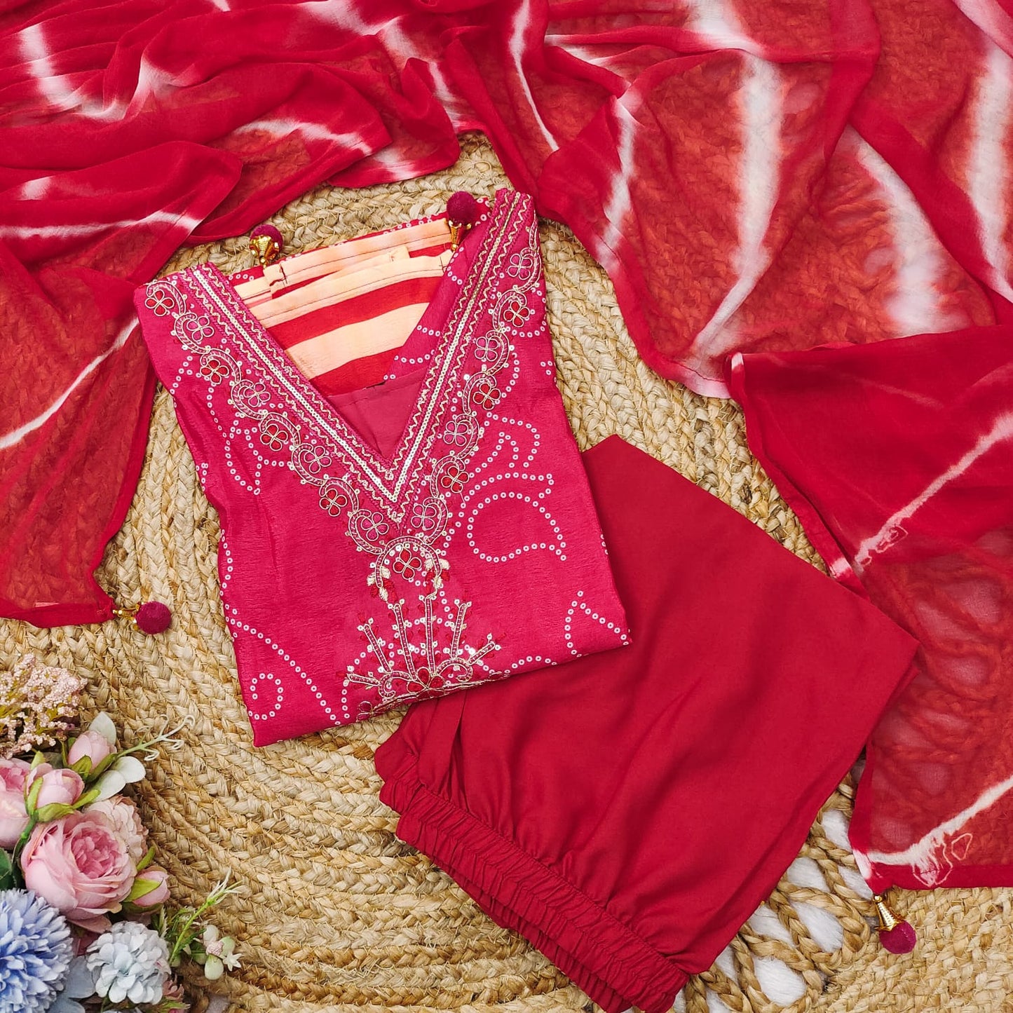 Exclusive Gradient Bandhani Print Cotton Suit Set.