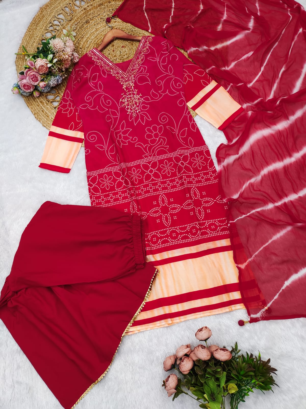 Exclusive Gradient Bandhani Print Cotton Suit Set.