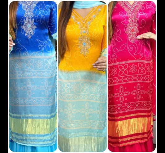 Exclusive Gradient Bandhani Print Cotton Suit Set.