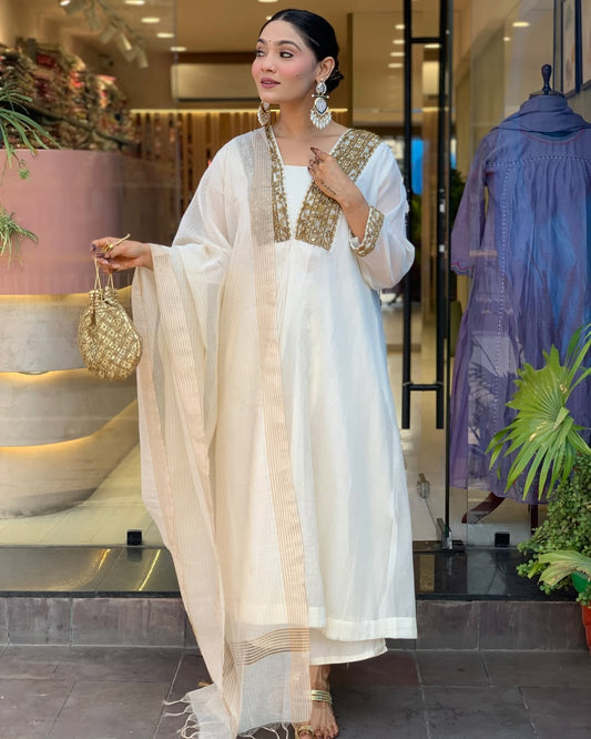 Classic White Chanderi Suit Set with Cotton Pant &amp; Dupatta.