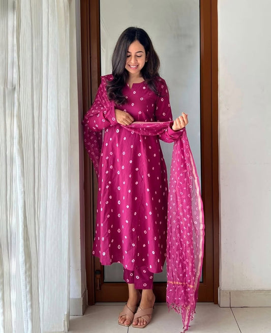 Magenta Anarkali Gown Set with Cotton Pant &amp; Chanderi Dupatta.