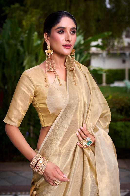 Regal Gold Tissue Saree with Zari Weaving Work.