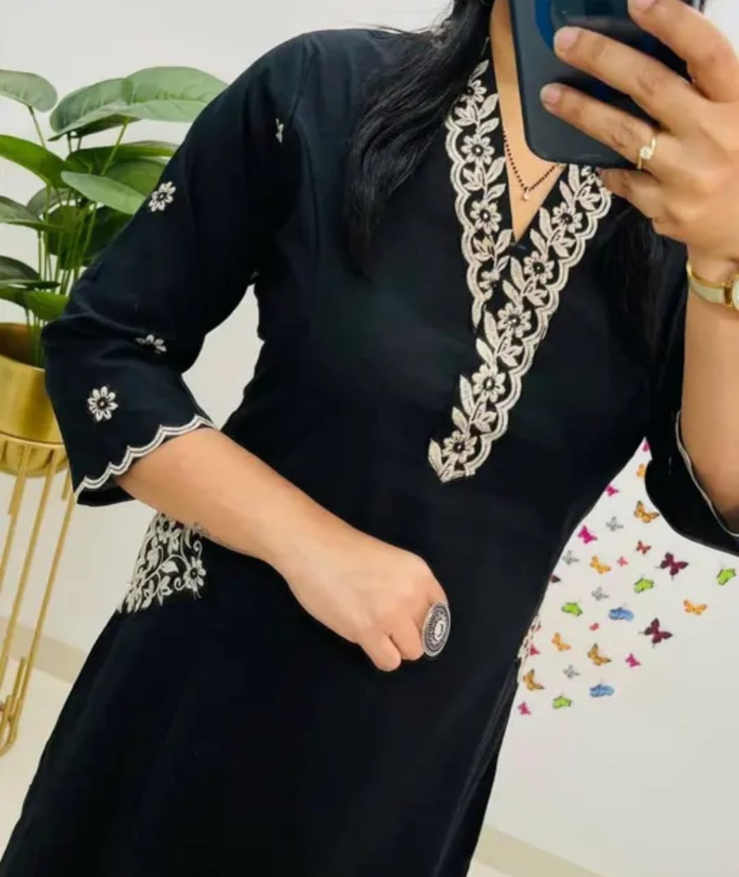 Elegant Black Straight-Cut Kurti with White Embroidery.