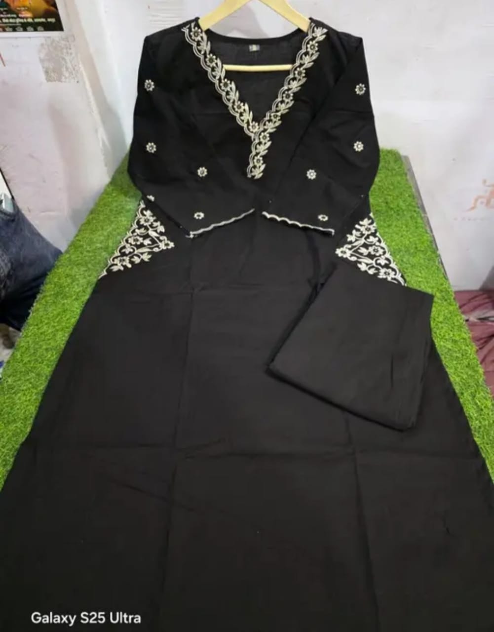 Elegant Black Straight-Cut Kurti with White Embroidery.