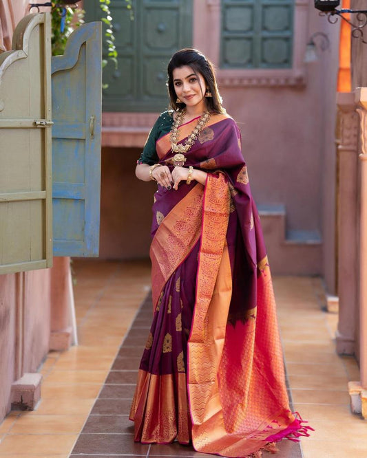 Regal Maroon Copper Soft Litchi Silk Saree with Zari Weaving.