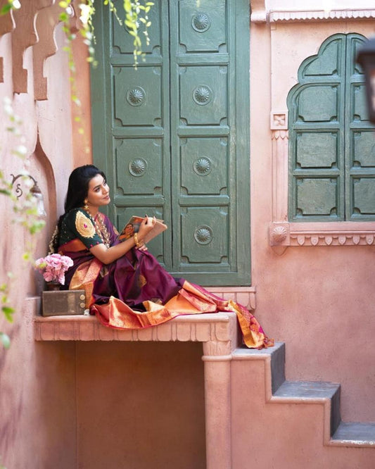 Regal Maroon Copper Soft Litchi Silk Saree with Zari Weaving.
