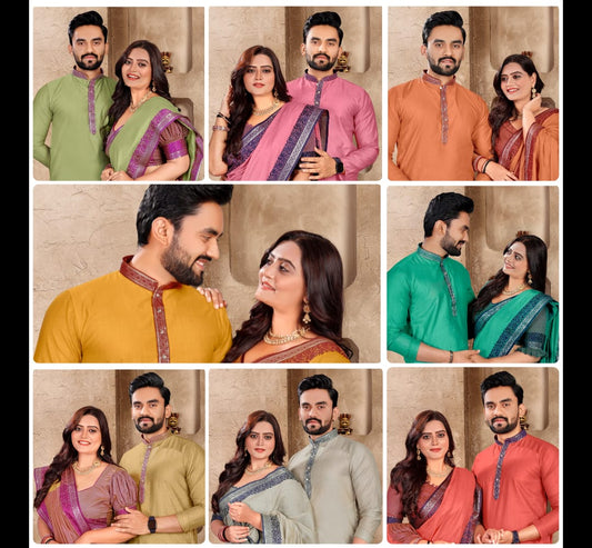 Elegant Couple Set – Linen Silk Saree & Kurta Combo for Special Occasions