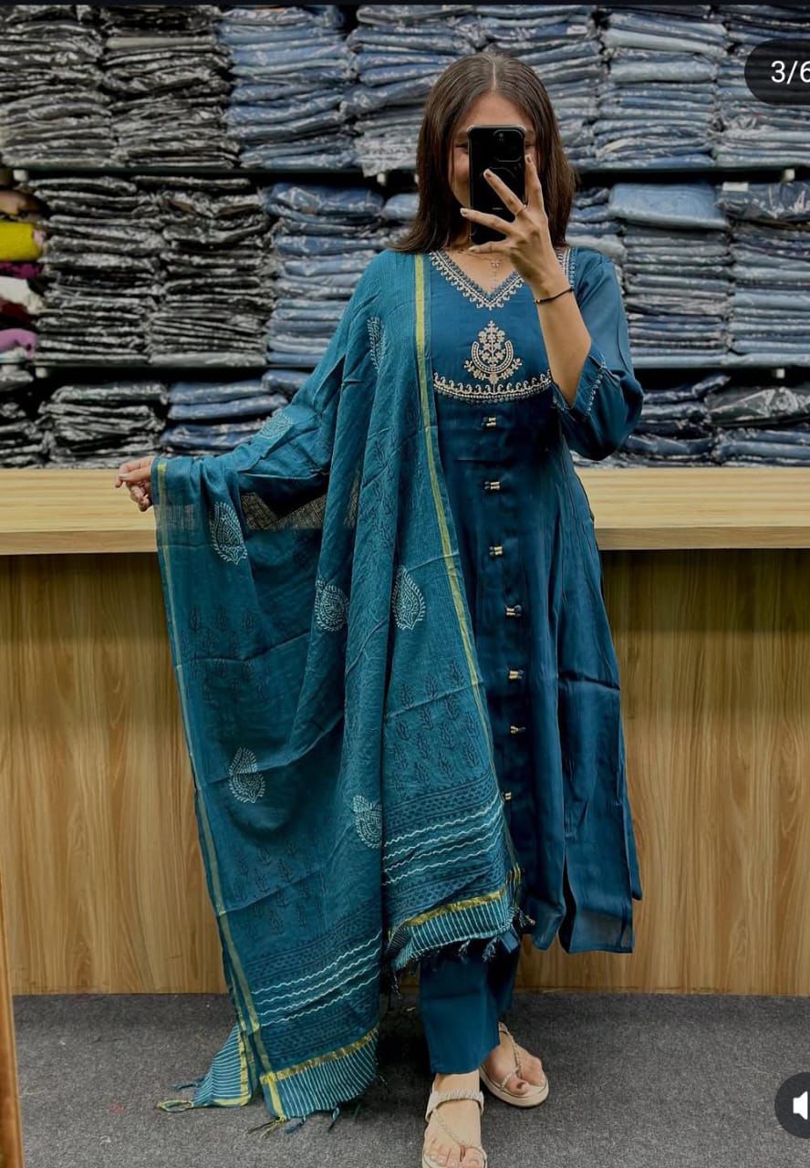 ELEGANT FLAIRED ANARKALI COTTON KURTA SET WITH HAND BLOCK CHANDERI DUPATTA.