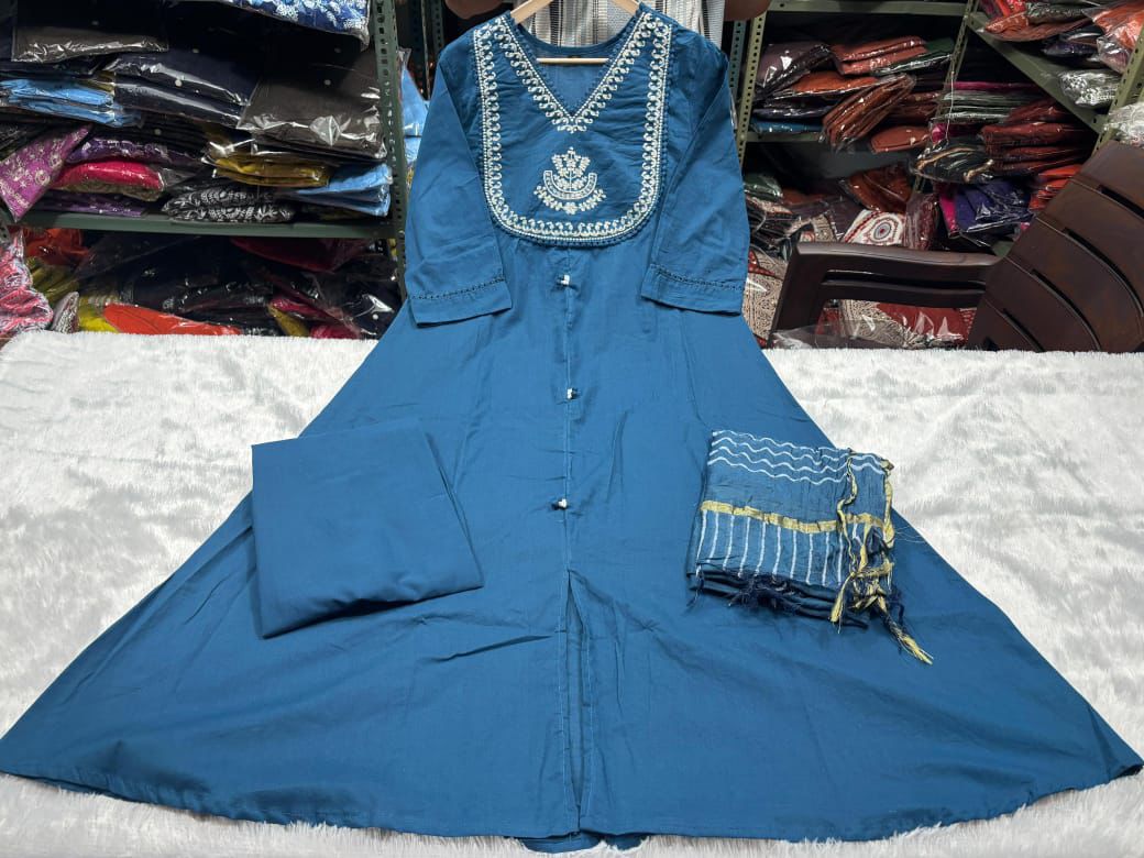 ELEGANT FLAIRED ANARKALI COTTON KURTA SET WITH HAND BLOCK CHANDERI DUPATTA.