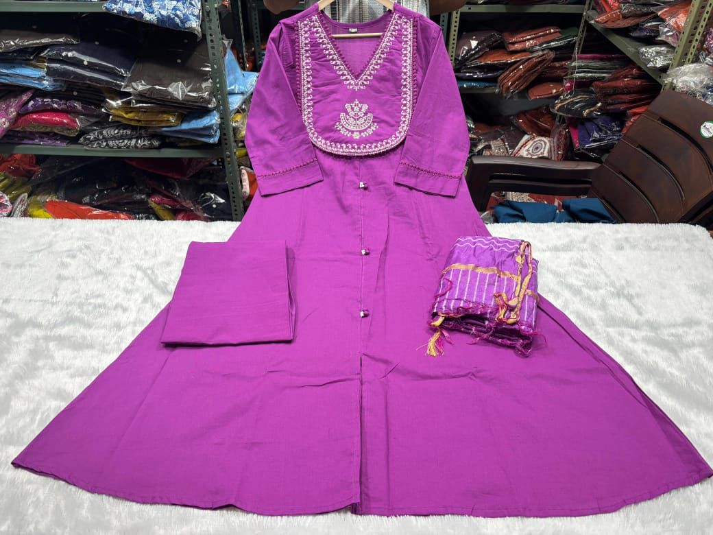 ELEGANT FLAIRED ANARKALI COTTON KURTA SET WITH HAND BLOCK CHANDERI DUPATTA.