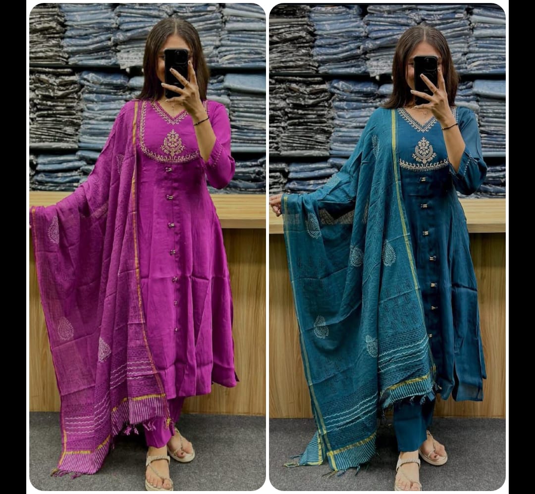 ELEGANT FLAIRED ANARKALI COTTON KURTA SET WITH HAND BLOCK CHANDERI DUPATTA.