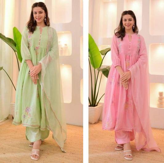 Pastel Bloom – Elegant Floral Kurti Set for Effortless Grace