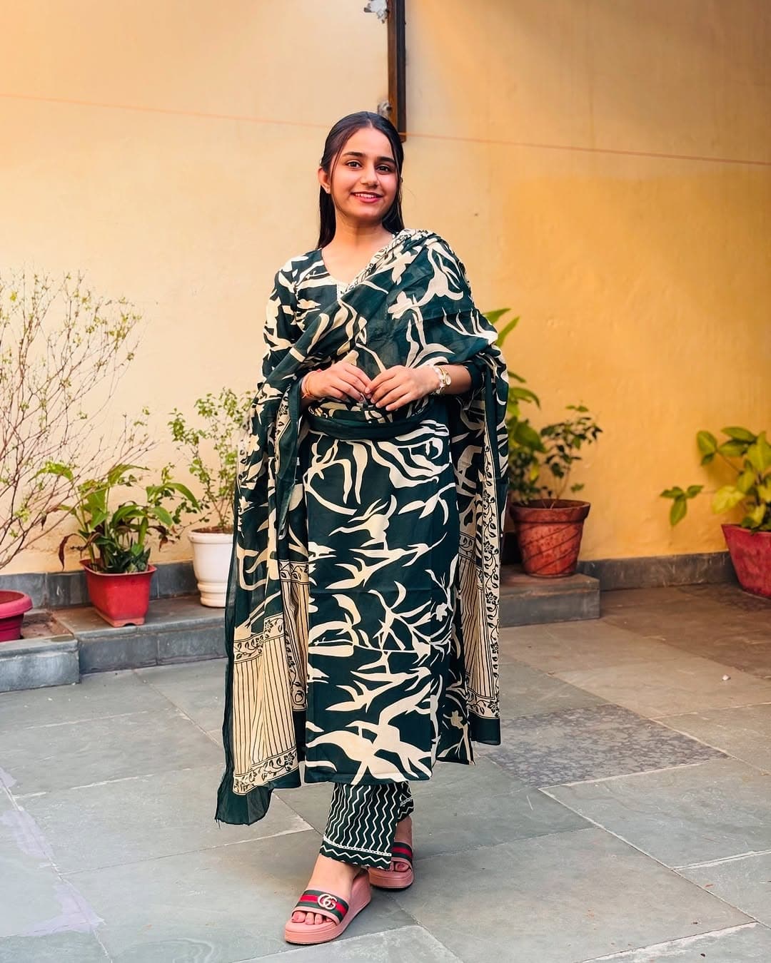 Maroon & Green Straight-Cut Cotton Kurti Set with Dupatta.