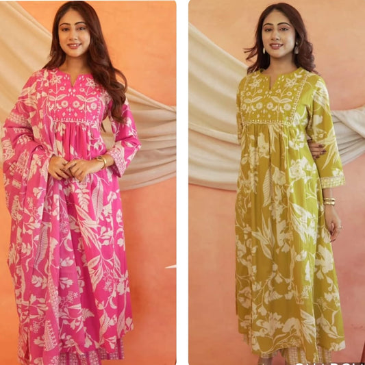 Pink or Yellow Floral Kurti Set with Embroidered Yoke & Dupatta.