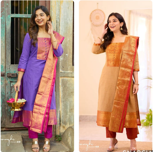 Kanchi Cotton Co-Ord Set in Royal Purple & Golden Beige Variants.