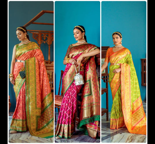 Vibrant Banarasi Silk Saree with Contrast Patola Border & Brocade Blouse.