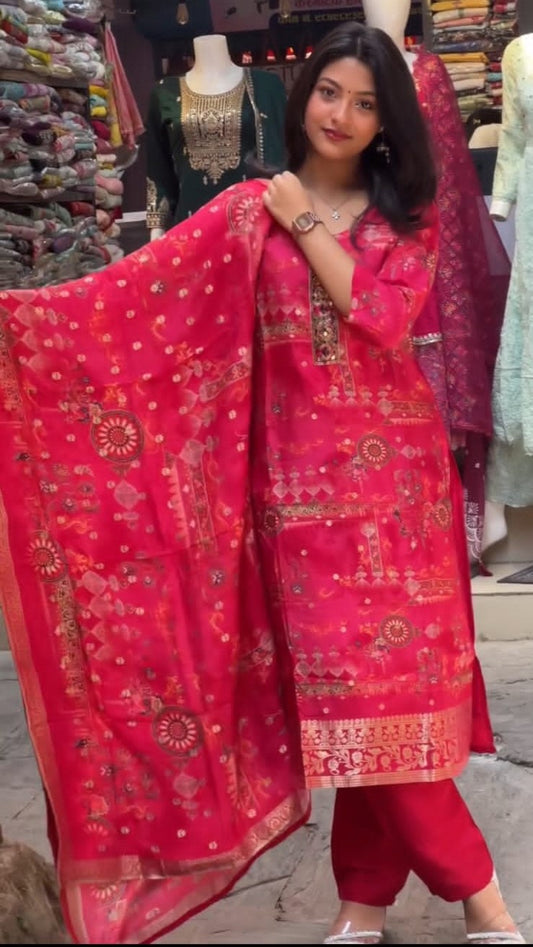 Crimson Red Silk Kurti Set with Golden Embellishments.