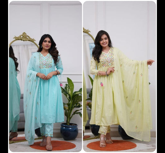 Pastel Green Anarkali Kurta Set with Embroidery & Dori Detailing.
