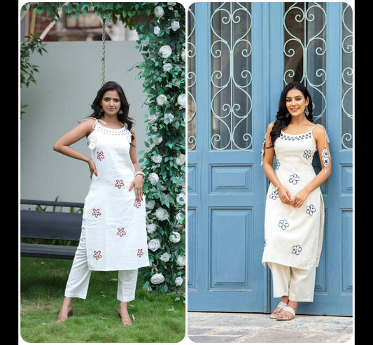 Off-White (Ivory) Cotton Kurti Set with Embroidered Floral Motifs