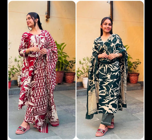 Maroon & Green Straight-Cut Cotton Kurti Set with Dupatta.