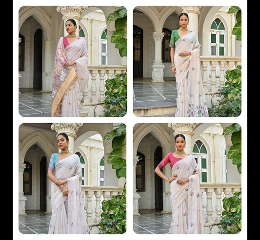 Off-White Muga Silk Saree with Violet, Pink, Blue & Purple Floral Variants.