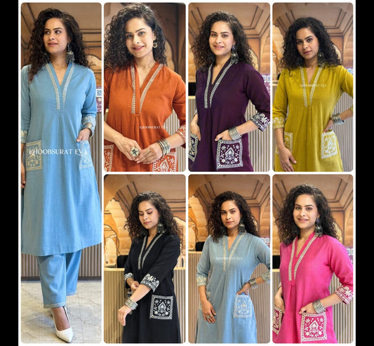 Cotton Slub Kurti & Palazzo Set with Neckline and Pocket Embroidery.