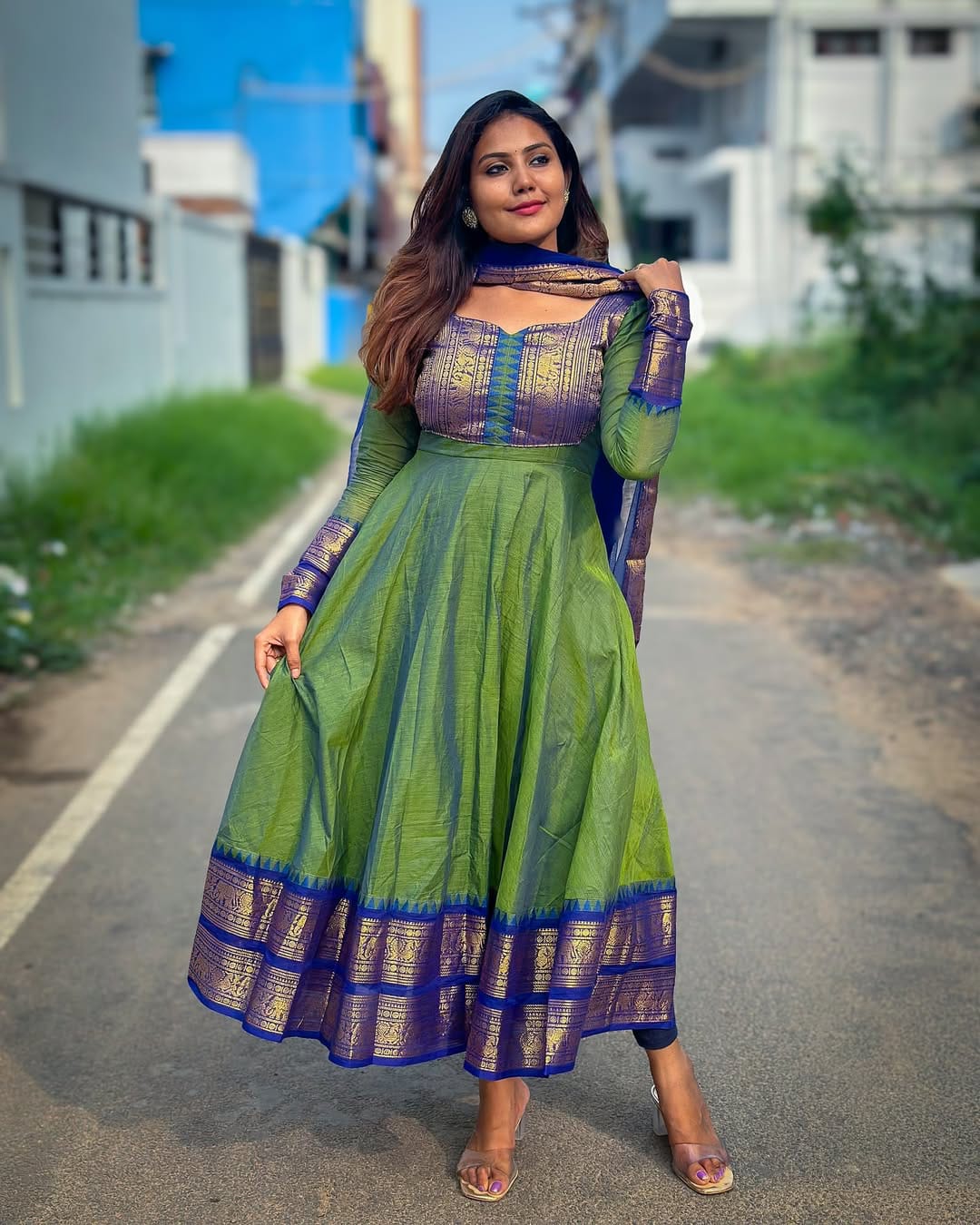Pure Chanderi Flared Kurti Set with Cotton Lining.